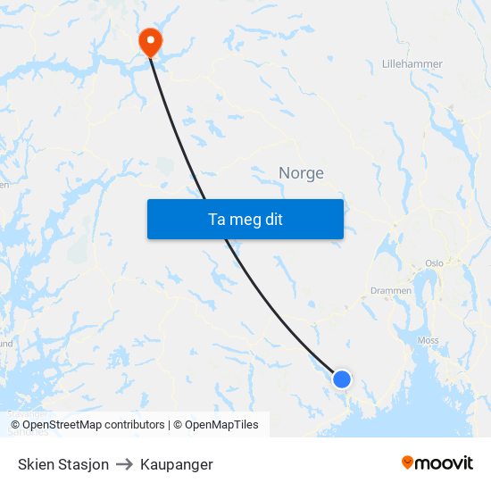 Skien Stasjon to Kaupanger map