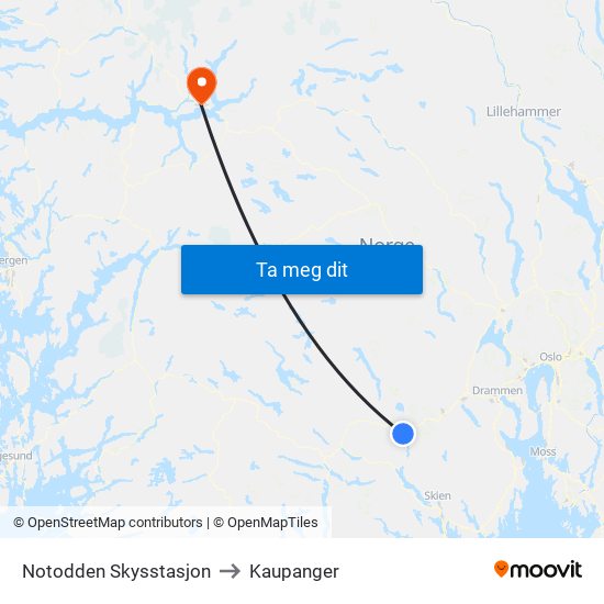 Notodden Skysstasjon to Kaupanger map
