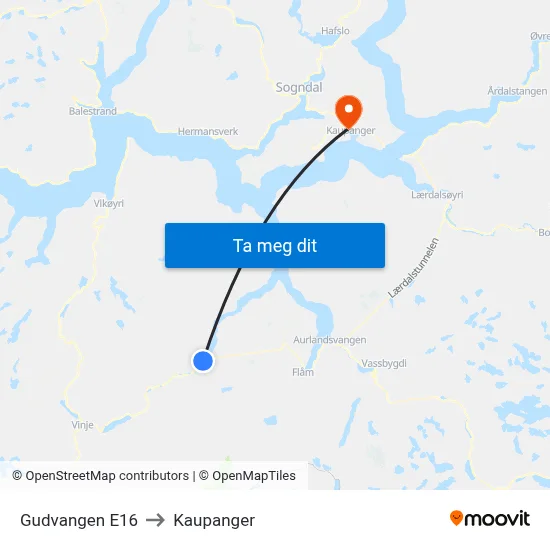 Gudvangen E16 to Kaupanger map