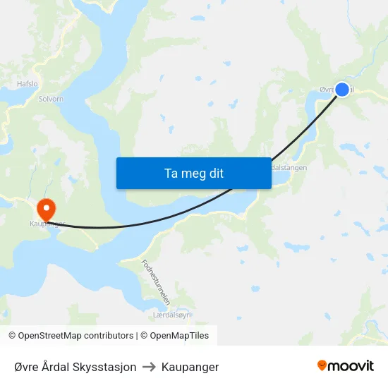 Øvre Årdal Skysstasjon to Kaupanger map