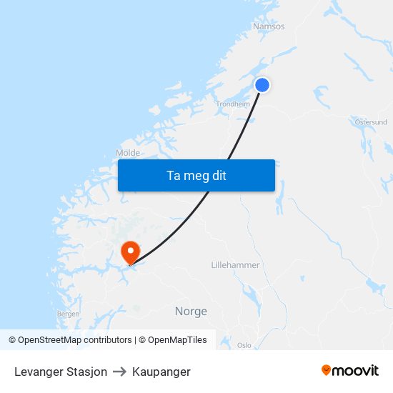 Levanger Stasjon to Kaupanger map
