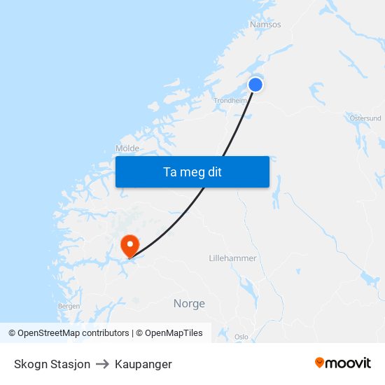 Skogn Stasjon to Kaupanger map