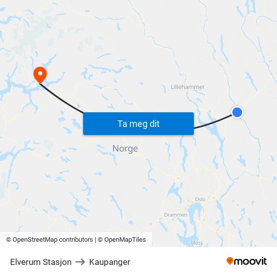 Elverum Stasjon to Kaupanger map