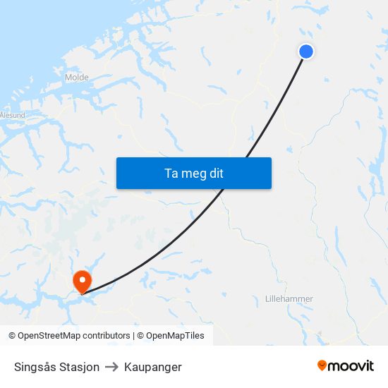 Singsås Stasjon to Kaupanger map