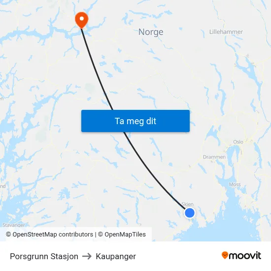 Porsgrunn Stasjon to Kaupanger map