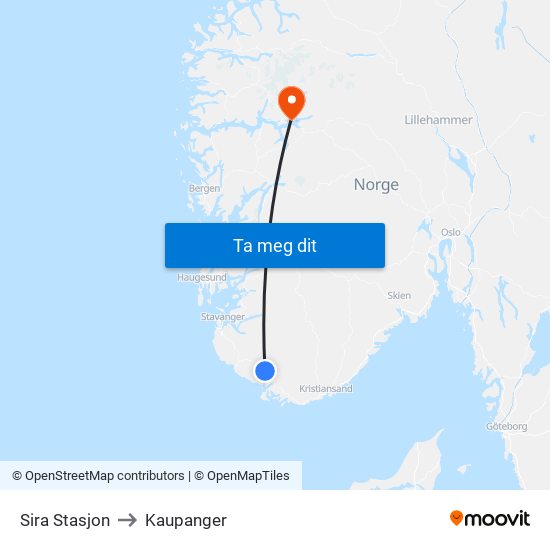 Sira Stasjon to Kaupanger map