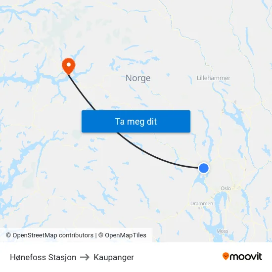 Hønefoss Stasjon to Kaupanger map