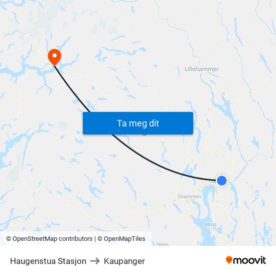 Haugenstua Stasjon to Kaupanger map