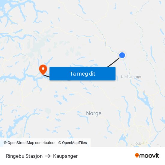 Ringebu Stasjon to Kaupanger map