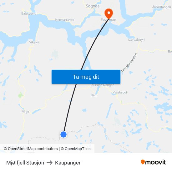 Mjølfjell Stasjon to Kaupanger map