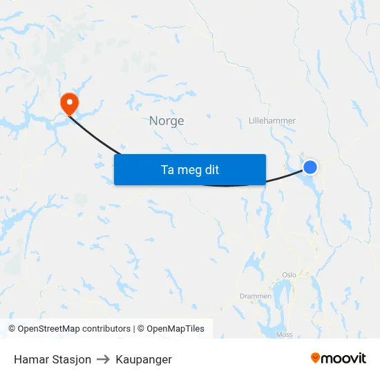 Hamar Stasjon to Kaupanger map