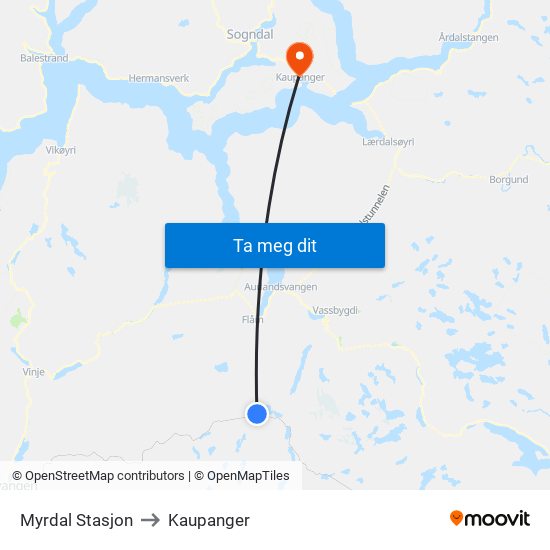 Myrdal Stasjon to Kaupanger map