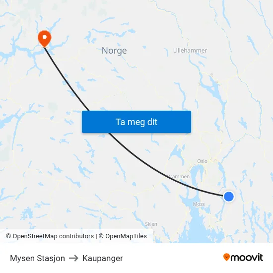 Mysen Stasjon to Kaupanger map