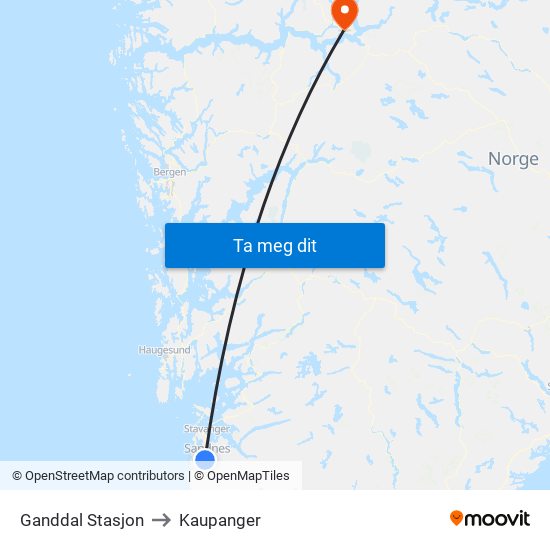 Ganddal Stasjon to Kaupanger map