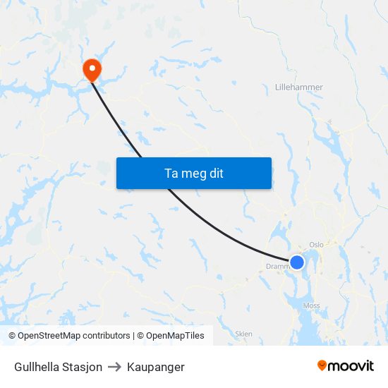 Gullhella Stasjon to Kaupanger map