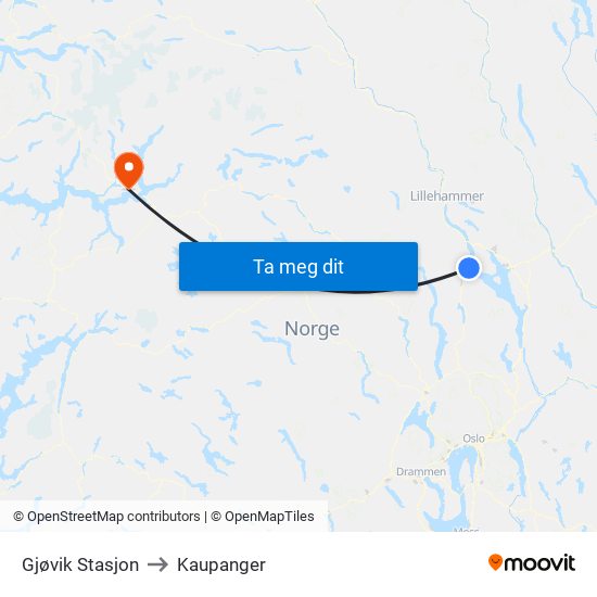 Gjøvik Stasjon to Kaupanger map