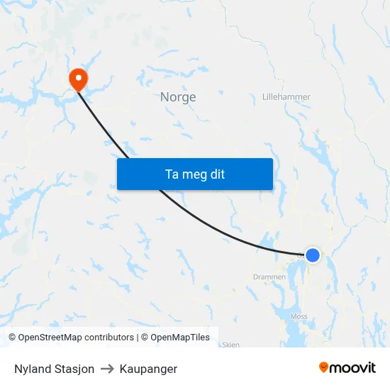 Nyland Stasjon to Kaupanger map