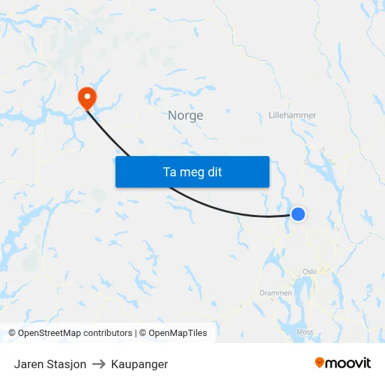 Jaren Stasjon to Kaupanger map