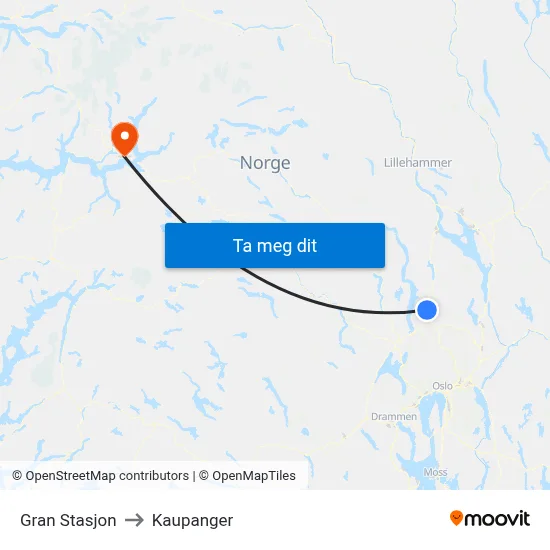 Gran Stasjon to Kaupanger map