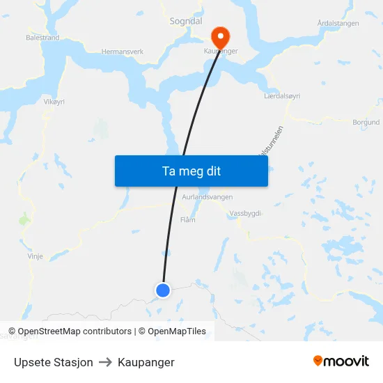 Upsete Stasjon to Kaupanger map