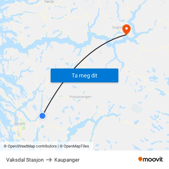 Vaksdal Stasjon to Kaupanger map