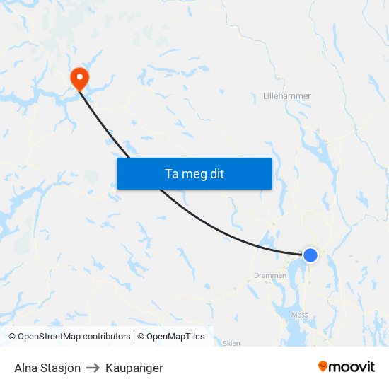 Alna Stasjon to Kaupanger map