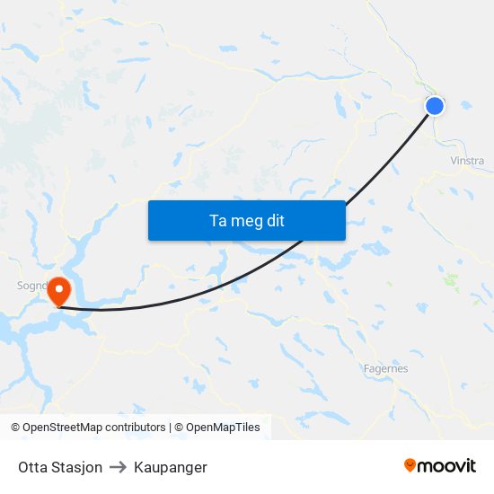 Otta Stasjon to Kaupanger map