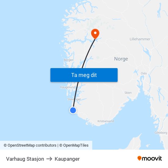 Varhaug Stasjon to Kaupanger map