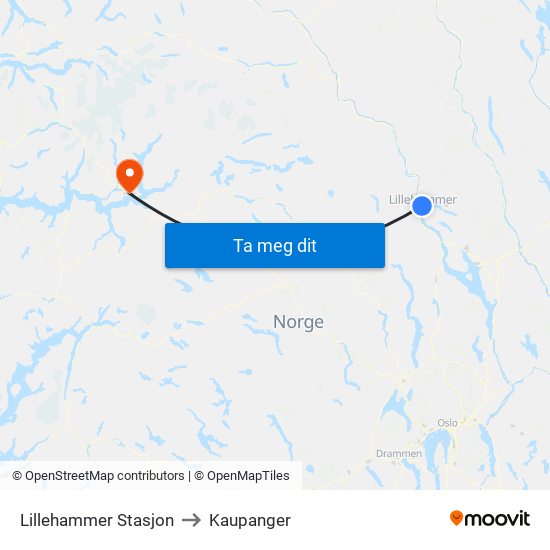 Lillehammer Stasjon to Kaupanger map
