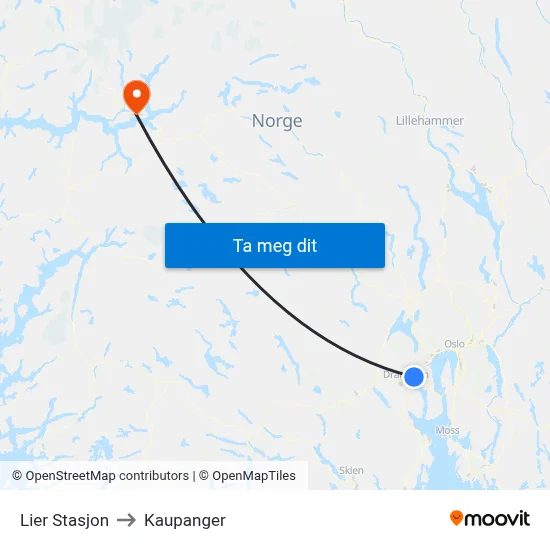 Lier Stasjon to Kaupanger map
