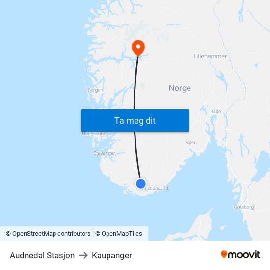 Audnedal Stasjon to Kaupanger map