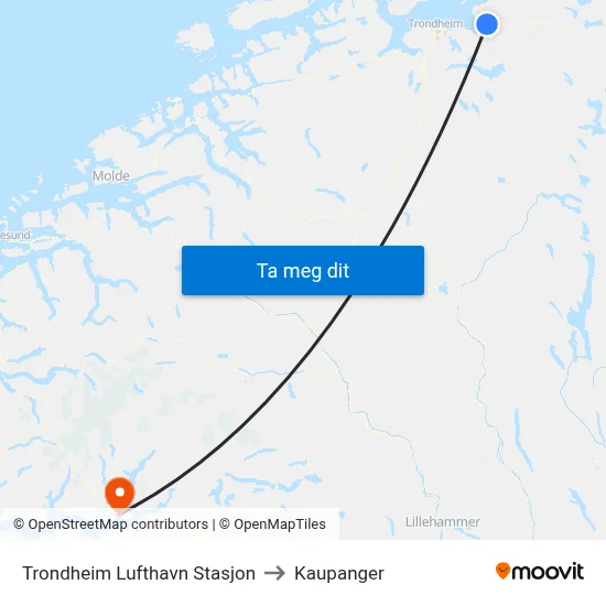 Trondheim Lufthavn Stasjon to Kaupanger map