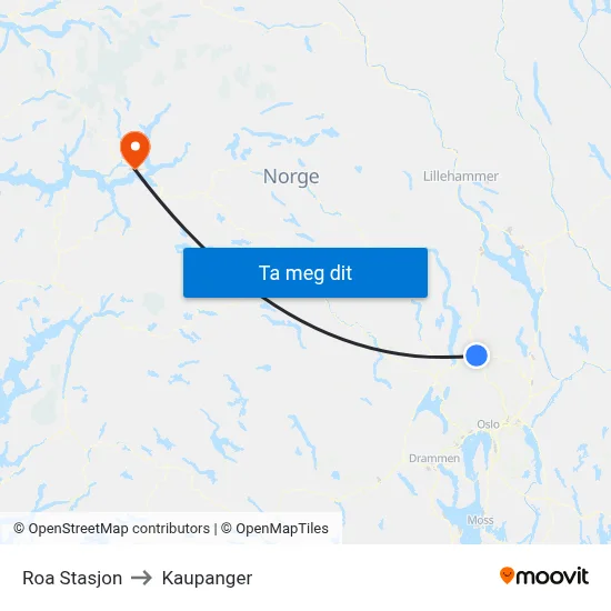 Roa Stasjon to Kaupanger map
