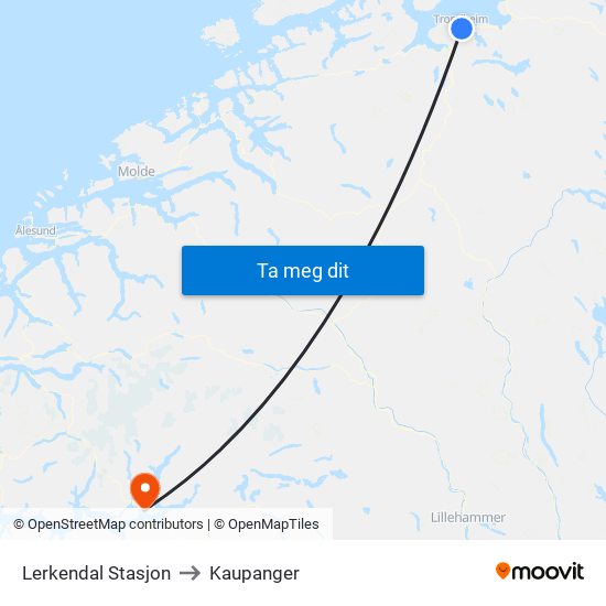 Lerkendal Stasjon to Kaupanger map