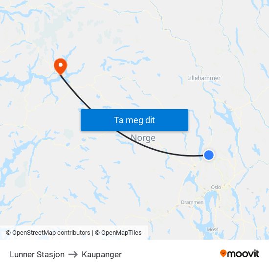 Lunner Stasjon to Kaupanger map