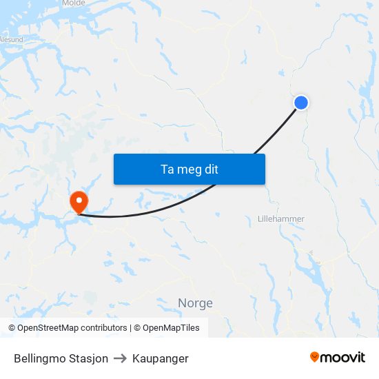 Bellingmo Stasjon to Kaupanger map