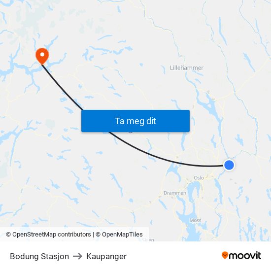 Bodung Stasjon to Kaupanger map