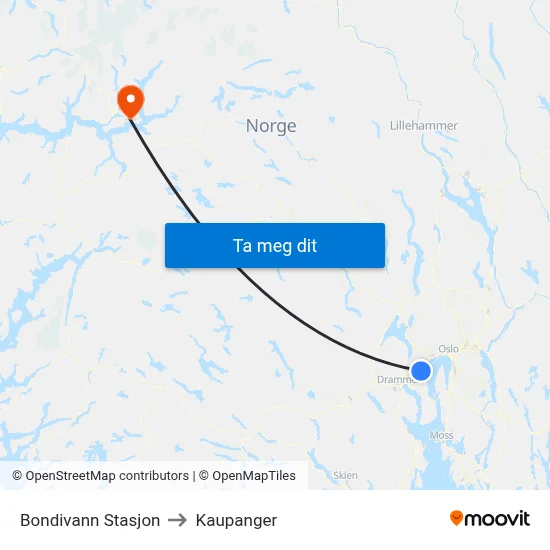 Bondivann Stasjon to Kaupanger map