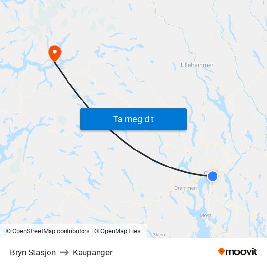 Bryn Stasjon to Kaupanger map