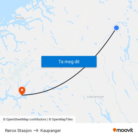 Røros Stasjon to Kaupanger map