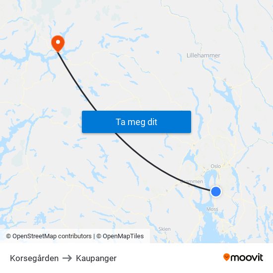 Korsegården to Kaupanger map
