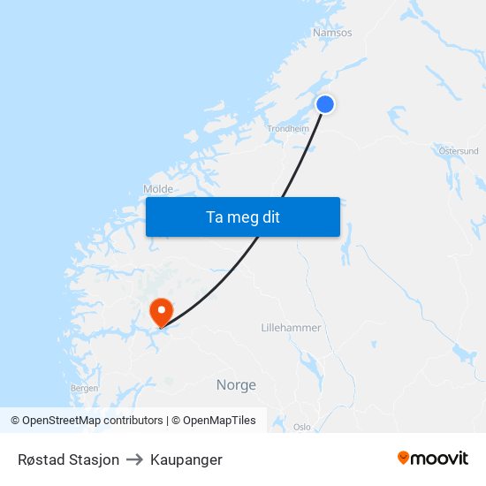 Røstad Stasjon to Kaupanger map