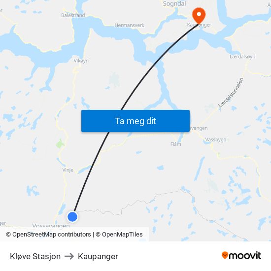 Kløve Stasjon to Kaupanger map