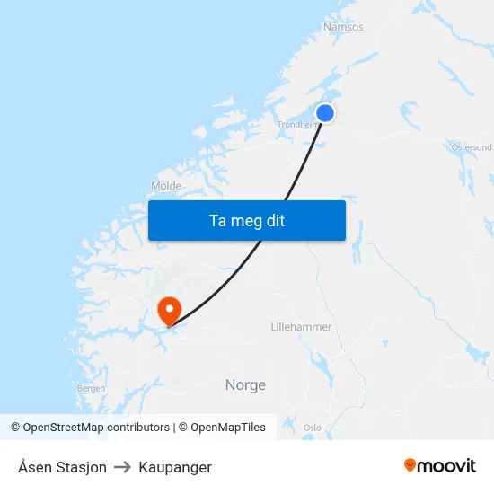 Åsen Stasjon to Kaupanger map