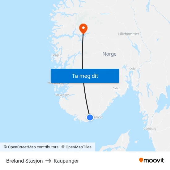 Breland Stasjon to Kaupanger map