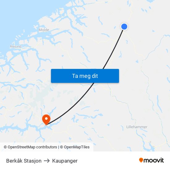 Berkåk Stasjon to Kaupanger map