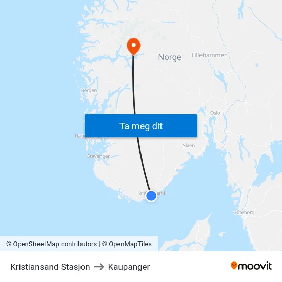 Kristiansand Stasjon to Kaupanger map
