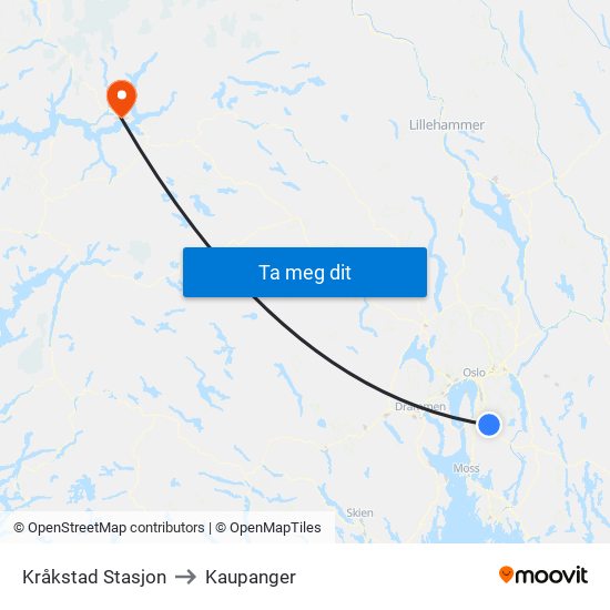Kråkstad Stasjon to Kaupanger map