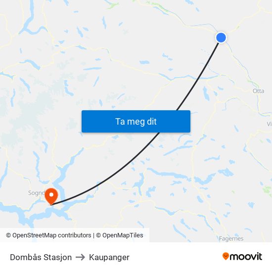 Dombås Stasjon to Kaupanger map