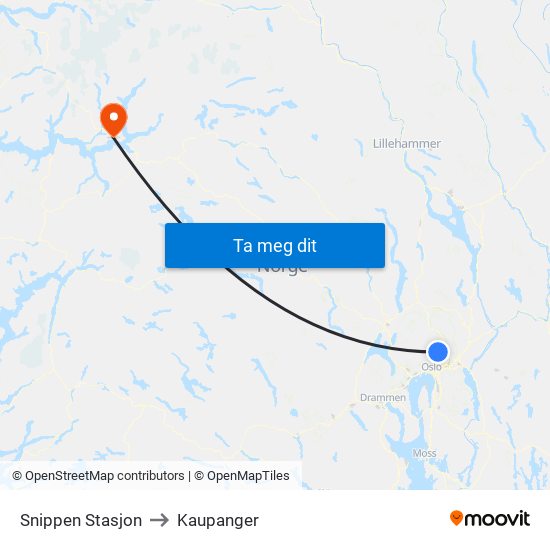 Snippen Stasjon to Kaupanger map